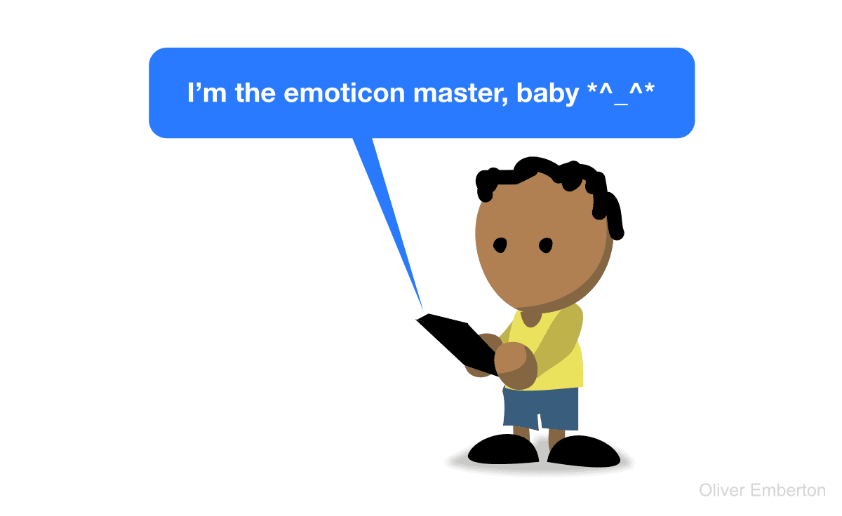 A cartoon child with dark skin and short black hair, wearing a yellow shirt and blue shorts, holds a black tablet. A large blue speech bubble above reads, “I’m the emoticon master, baby *^_^*”.