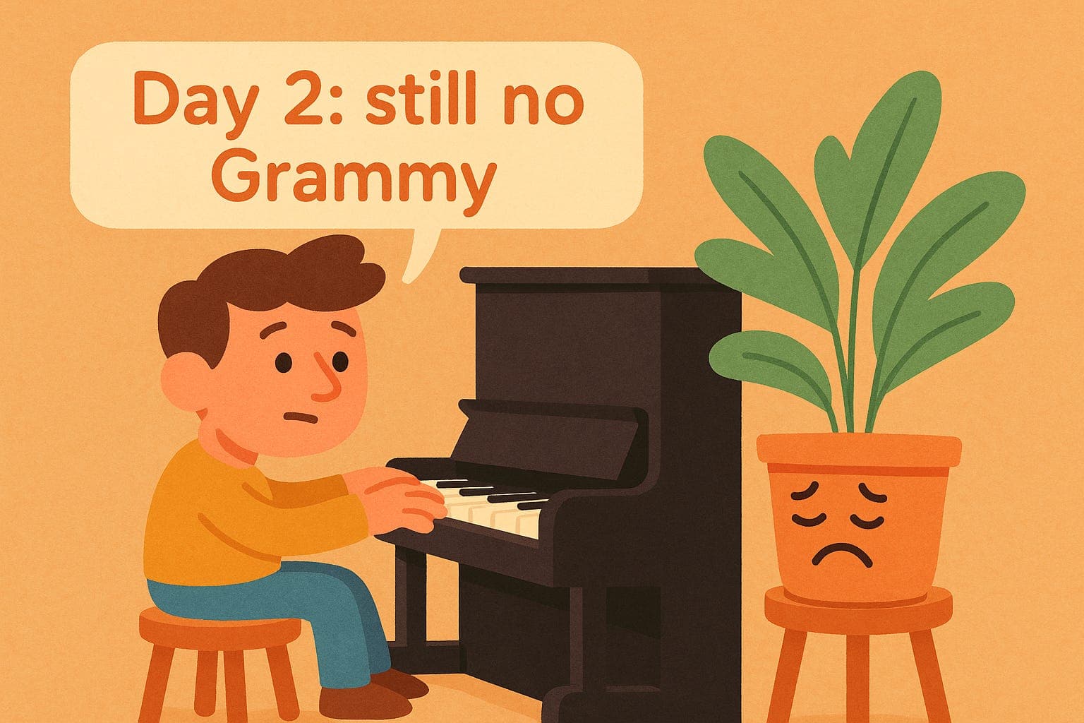 A man plays the piano poorly, his houseplant appears unhappy about it. He remarks "Day 2: still no Grammy"