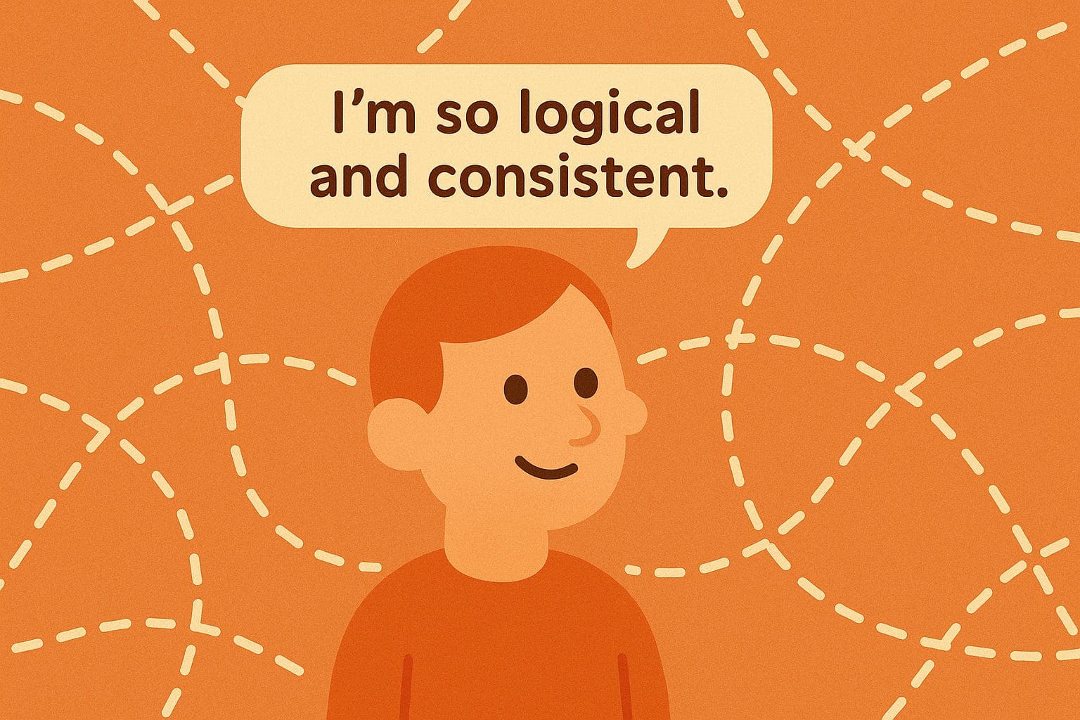 A man says "I'm so logical and consistent". Behind him is implied to be the random walks he has taken in countless directions.