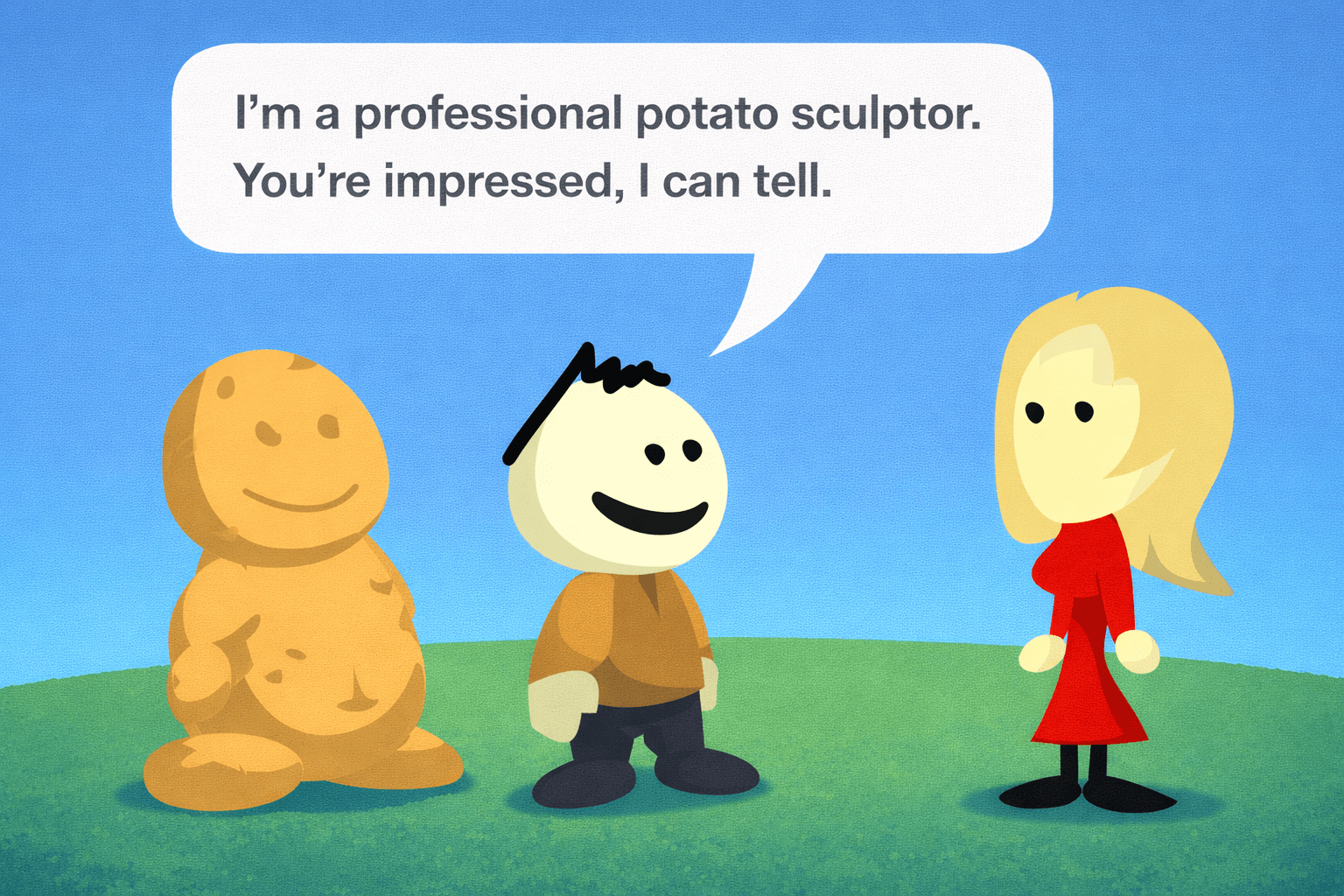 Three cartoon characters stand on a grassy hill under a blue sky. On the left is a large orange potato sculpture, in the middle is a smiling person with a white head and black hair, and on the right is a blonde woman in a red dress; a speech bubble above the middle figure says, “I’m a professional potato sculptor. You’re impressed, I can tell.”