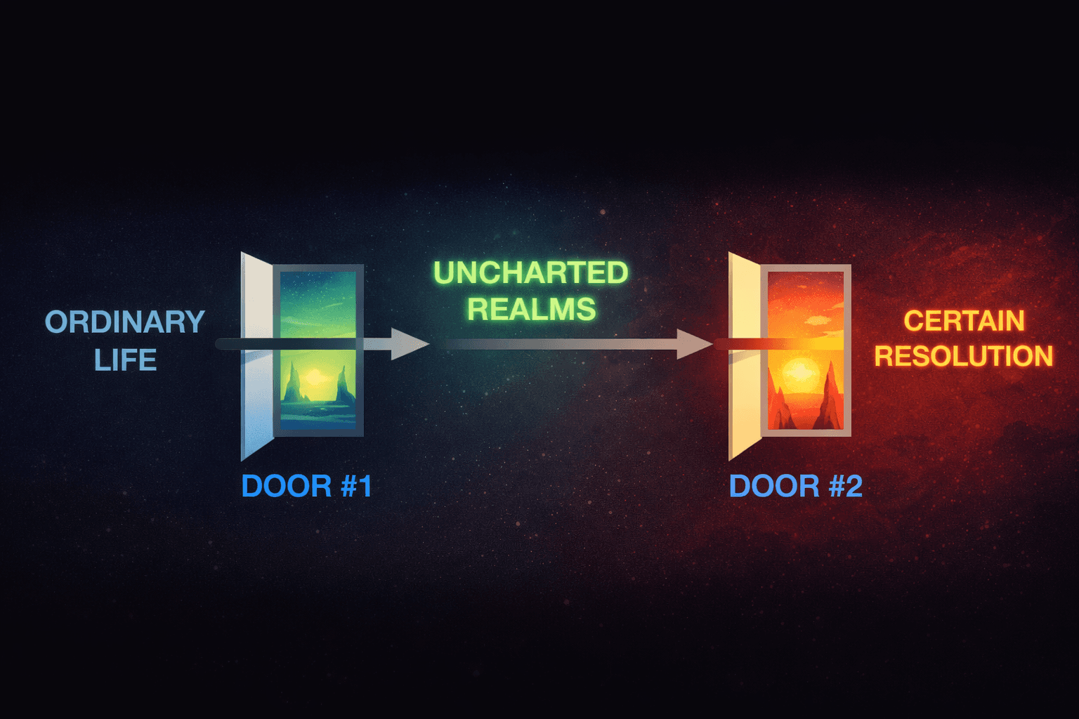 Two open doors float in a starry, space-like background along a horizontal path: on the left, DOOR #1 reveals a blue-green landscape labeled ORDINARY LIFE. In the center, glowing green text reads UNCHARTED REALMS, with a gray arrow pointing to the right toward DOOR #2, which shows a warm sunset landscape and is labeled DOOR #2 with CERTAIN RESOLUTION to the right.