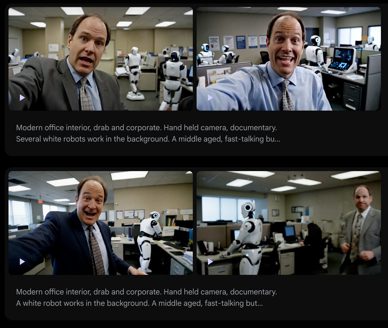Collage of four video thumbnails showing a man in a blue shirt and tie in a modern office, with several white humanoid robots working at desks in the background. He appears to be taking selfies in each frame.