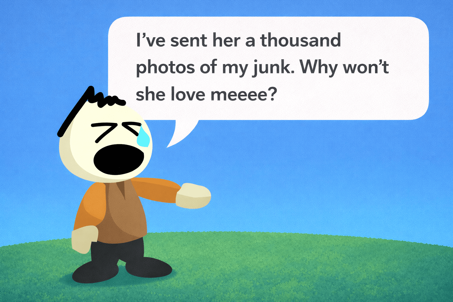 A distressed cartoon character stands on a grassy hill against a blue sky, one arm extended and a tear rolling down their cheek. A large speech bubble contains the text: "I've sent her a thousand photos of my junk. Why won't she love meeee?"