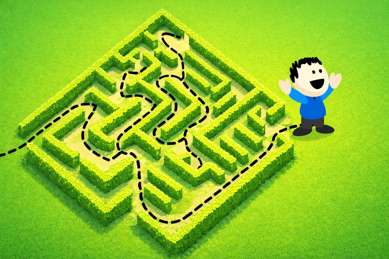 A bright, diamond-shaped green maze sits on a vivid green background, with a black dashed line tracing a winding path through it. The path leads from the left toward a smiling cartoon boy standing on the right with arms raised.
