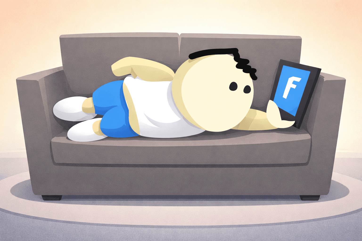 A round-headed cartoon person in a white shirt and blue shorts lies on a gray sofa on their side, propped up on one elbow and holding a tablet with a blue screen showing the Facebook “F” logo. The background is warm and softly lit.