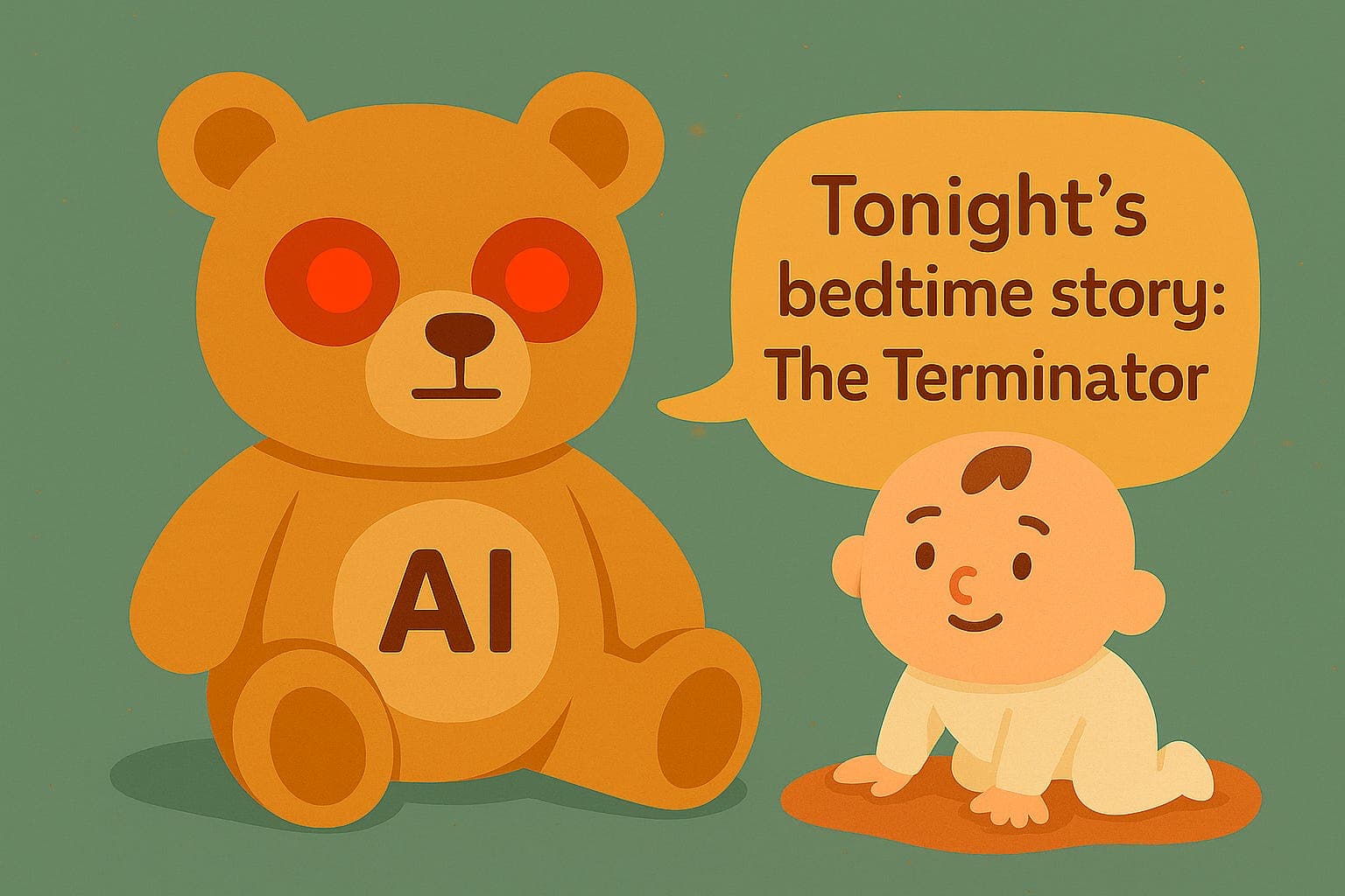 A teddy bear with red glowing eyes and the word "AI" written on his chest talks to a cute baby. He says: "Tonight's bedtime story: The Terminator"