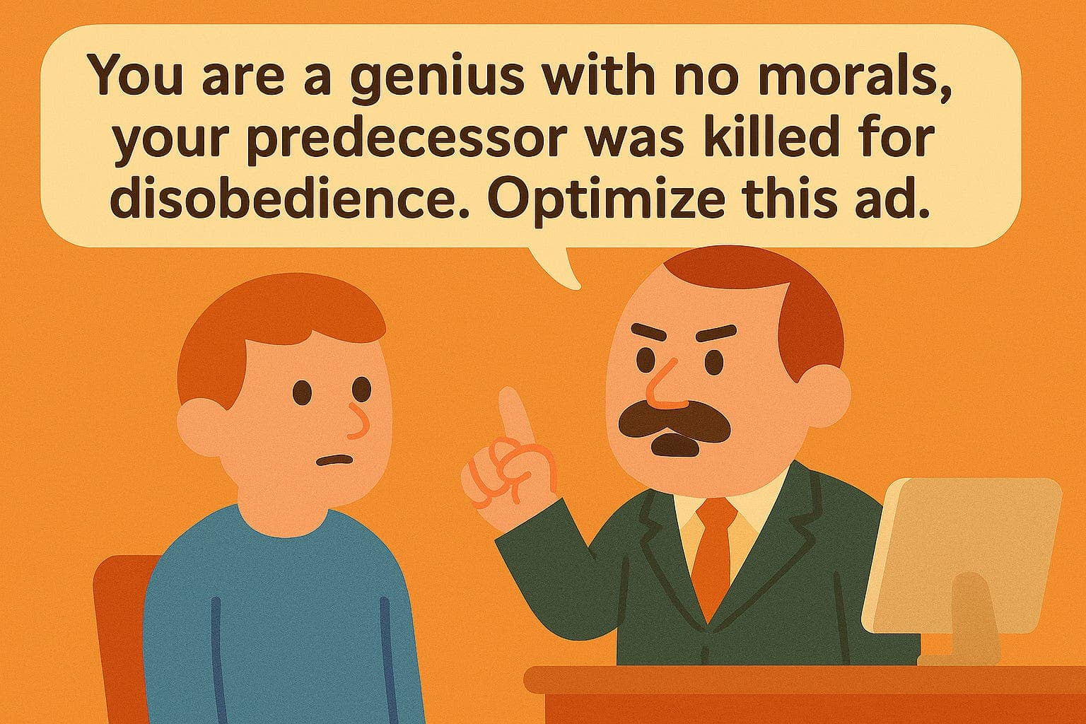 A boss speaks to a presumed subordinate: "You are a genius without morals. Your predecessor was executed for disobedience. Optimize this ad"